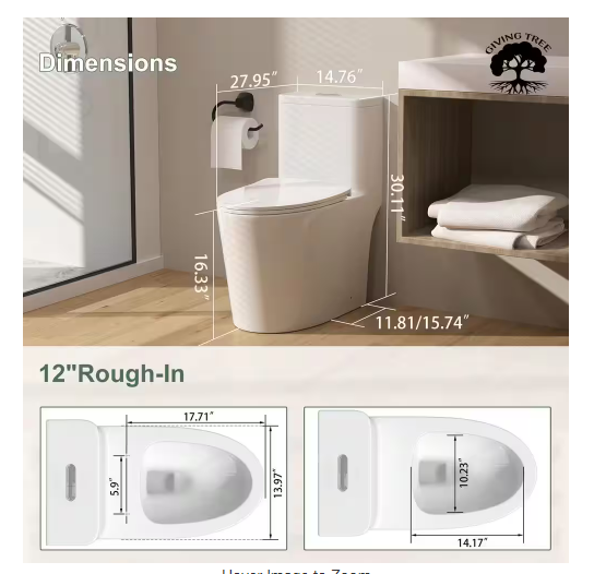 One Piece Oval Toilet with Soft Closing Seat and Dual Flush Height 30 9/10"